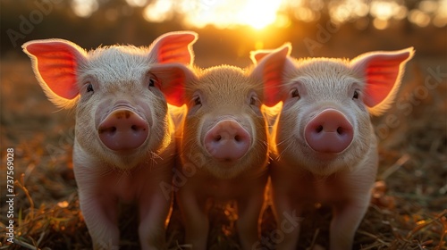 three little pigs standing next to each other on top of a grass covered field with the sun in the background. © Shanti