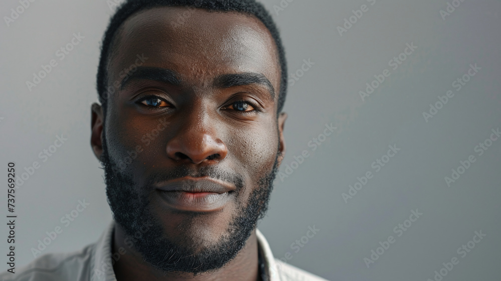 Obraz premium Close-up view of beautiful black African man on gray background