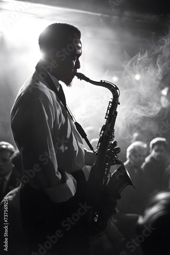 a man playing a saxophone in front of a crowd