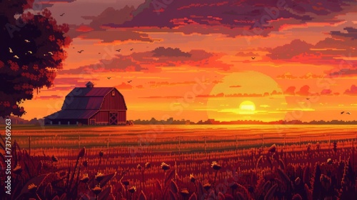 An idyllic painting of a rural farm at sunset, with golden grass, a vibrant sky, and a quaint barn surrounded by lush fields and towering trees photo