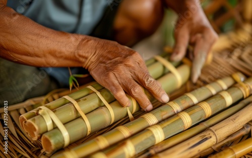 A close view of hands working with bamboo stems, weaving or crafting traditional items