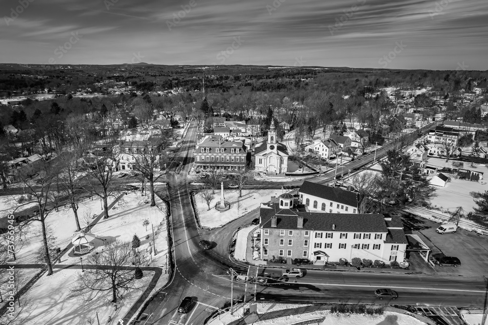 Black and white aerial view of Grafton, Massachusetts in late winter 