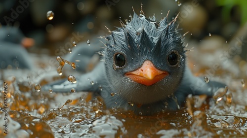 a close up of a small bird in a body of water with drops of water on it's face.