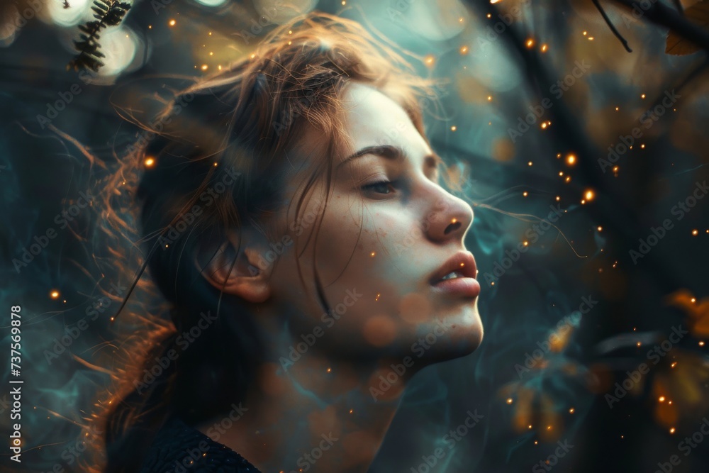 A serene woman's closed eyes hold the secrets of the tree adorned with glowing fireflies, capturing the essence of nature and the beauty of introspection through art A serene woman's closed eyes hold the secrets of the tree adorned with glowing fireflies, capturing the essence of nature and the beauty of introspection through art