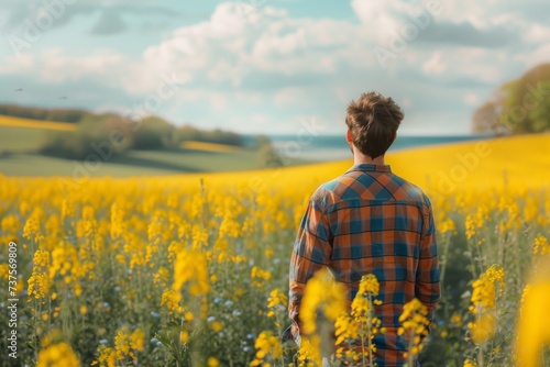 A solitary figure stands in a vibrant mustard field, surrounded by the vastness of nature and the promise of agricultural prosperity