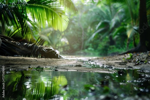 Amidst the lush green jungle  a mighty tree stands tall as a stream of water cascades down its trunk  reflecting the beauty of the surrounding nature and inviting a curious crocodilian reptile to exp