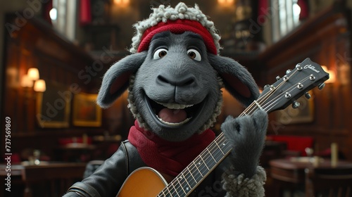 a close up of a stuffed animal holding a guitar and wearing a red bandana and a red bandana.