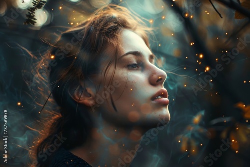 A serene woman s closed eyes hold the secrets of the tree adorned with glowing fireflies  capturing the essence of nature and the beauty of introspection through art