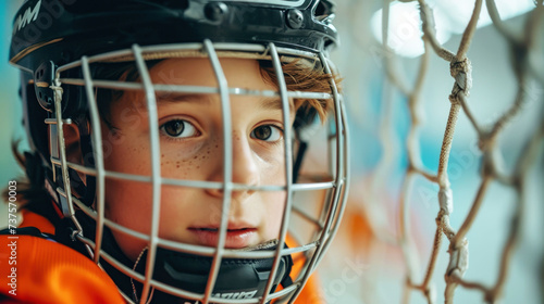 Young athlete in hockey helmet with face guard looks on intently at the game.
