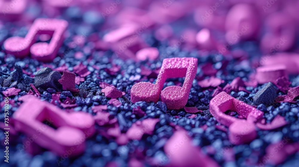 a close up of a music note surrounded by pink and blue beads and beads on a blue surface with a purple background. a close up of a music note surrounded by pink and blue beads and beads on a blue surface with a purple background.