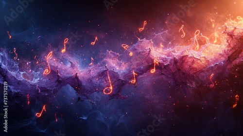 a group of musical notes floating in the air over a blue and purple background with orange and pink swirls.