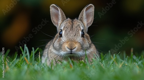 a close up of a rabbit in a field of grass with grass in the foreground and trees in the background.
