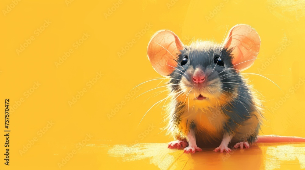 a gray rat sitting on top of a yellow floor next to a yellow wall in front of a yellow background. a gray rat sitting on top of a yellow floor next to a yellow wall in front of a yellow background.
