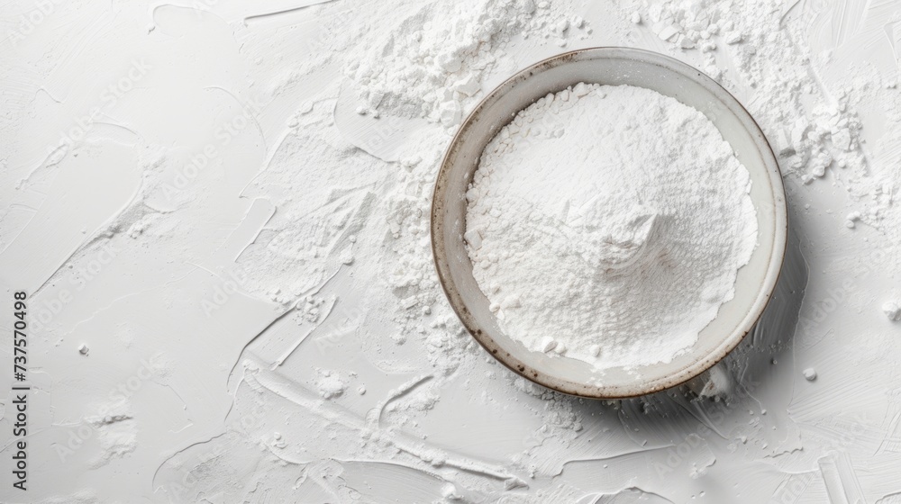 white flour inside a plate on white background, flour powder generative ai white flour inside a plate on white background, flour powder generative ai