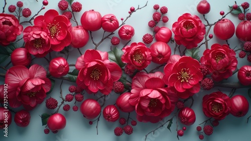 a bunch of red flowers sitting on top of a blue wall next to a branch with leaves and berries on it.