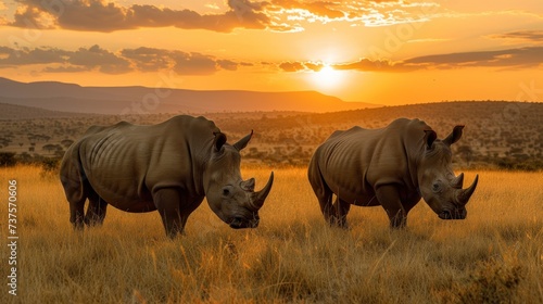 a couple of rhinos standing on top of a dry grass field with the sun setting in the distance behind them.