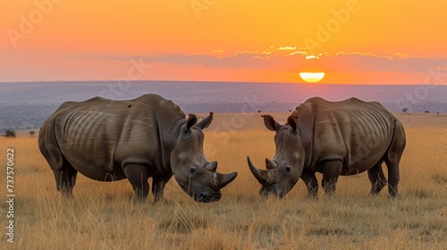 a couple of rhinos standing on top of a dry grass field with the sun setting in the distance behind them.