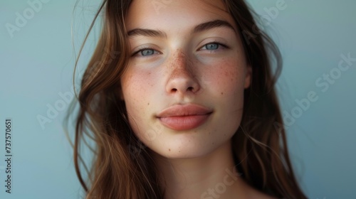 A captivating lady with a cascade of freckles and piercing blue eyes gazes into the camera, her skin glowing under the soft light, accentuated by fluttering eyelashes and a defined eyebrow, while her