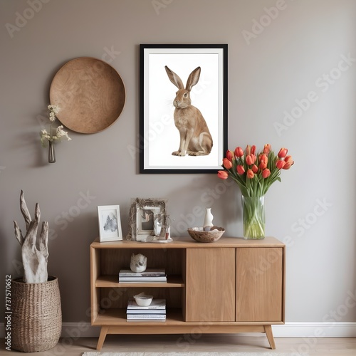 Interior design of spring living room interior with mock up poster frame, glass vase with tulips, wooden sideboard, hare sculpture, bowl, ladder, and personal accessories. Home decor.  © Antonio Giordano
