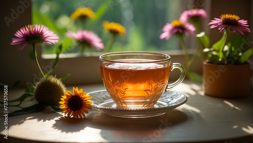 Beautiful cup of tea, echinacea flower traditional