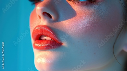 a close up of a woman's face with a red lip and orange eyeshadow, with a blue background.