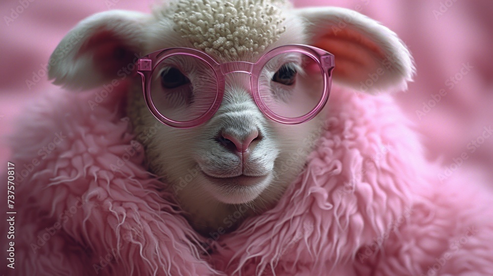 a close up of a sheep wearing a pink coat and wearing a pair of pink glasses on top of it's head.