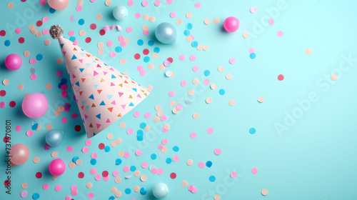 A pastel party hat with a sprinkle of colorful confetti on a light blue background, signaling a celebration.