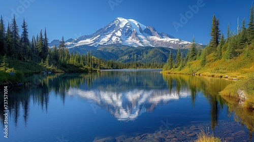 a mountain with a snow capped peak is reflected in the still water of a lake surrounded by coniferousy trees.