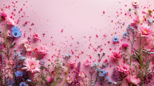A vibrant mix of flowers against a pink background, with delicate petal confetti creating a dreamy effect.