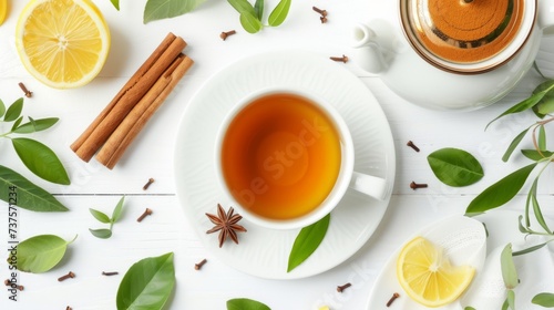 a cup of herbal tea cinnamon sticks on a saucer lemon teapot and leaves on a white table generative ai