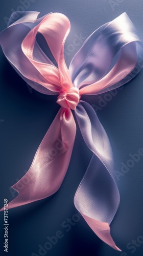  Elegant pink and grey satin bow on a dark background, ideal for luxury gift-wrapping concepts.