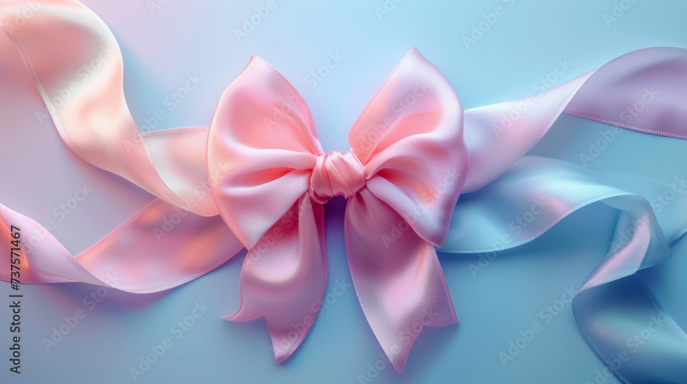 A soft pink satin bow rests gently on a blue background, ideal for gift-themed designs. A soft pink satin bow rests gently on a blue background, ideal for gift-themed designs.