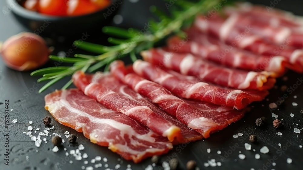 slices of ham sitting on a cutting board next to a bowl of tomatoes and a sprig of rosemary.