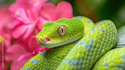 a close up of a green snake's head on a branch with pink flowers in the background and a blurry background.