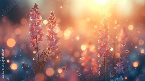 a close up of a bunch of flowers in a field with the sun shining through the trees in the background.