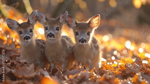 three baby deer standing next to each other on top of a pile of leaves in a field of brown leaves. © Shanti