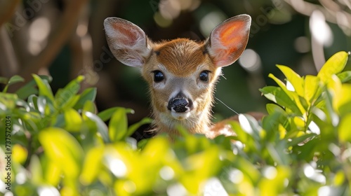 a close up of a small animal in a field of grass and plants with a blurry background of trees and bushes.