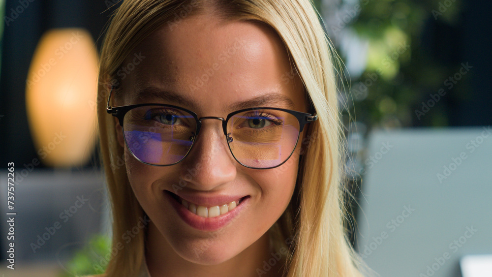 Pretty woman young female face portrait smart businesswoman in eyeglasses glasses reflection successful ceo business lady smiling girl student in university or office cheerful smile looking at camera Pretty woman young female face portrait smart businesswoman in eyeglasses glasses reflection successful ceo business lady smiling girl student in university or office cheerful smile looking at camera