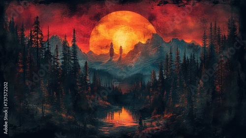 a painting of a mountain landscape with a lake and trees in the foreground and a full moon in the background. #737572202