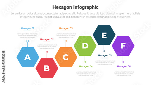hexagon or hexagonal honeycombs shape infographics template diagram with timeline horizontal line up and down with 6 point step creative design for slide presentation