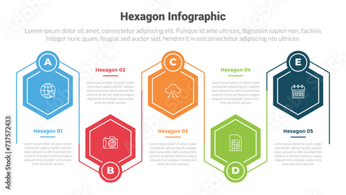 hexagon or hexagonal honeycombs shape infographics template diagram with creative horizontal timeline up and down with 5 point step creative design for slide presentation