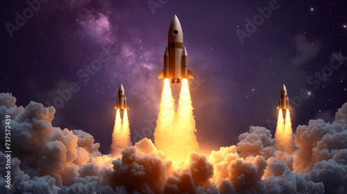 an artist's rendering of a space shuttle taking off into the sky with clouds and stars in the background.