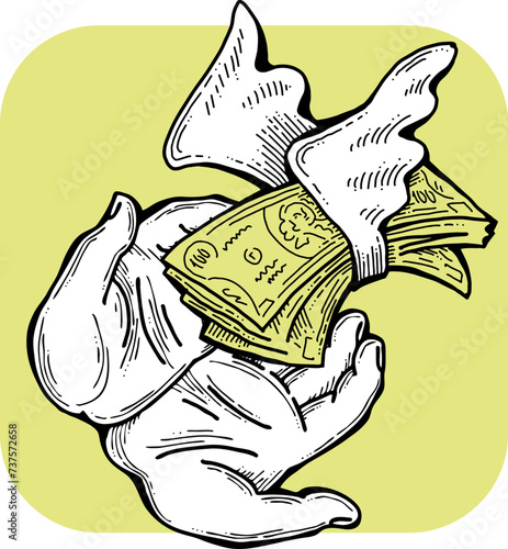 Big dollars banknotes money in your hands. Finance business, commerce, payment economy  theme for poster print, vector elements. Take or give loan. Hand drawn illustration. Cartoon style drawing.