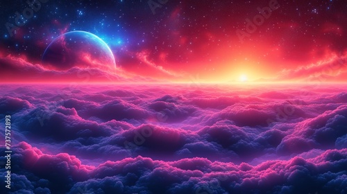 a view of a sunset from a very high altitude view of clouds and a planet in the distance with stars in the sky. photo
