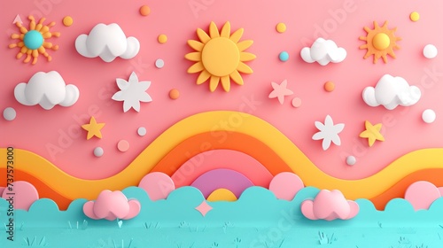 a colorful landscape with clouds, sun, and rainbows on a pink and blue background with grass and flowers.