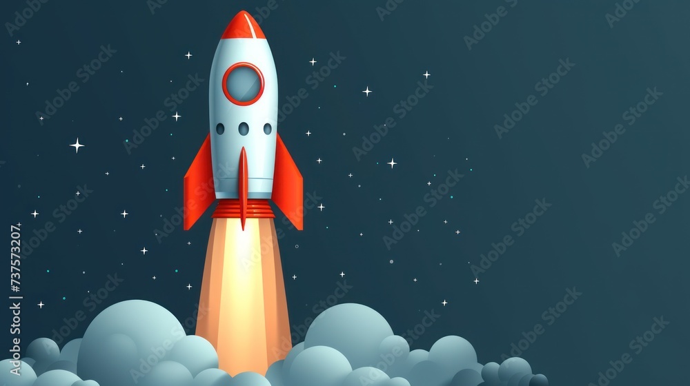 a red and white rocket is flying through the air with stars in the night sky above clouds and a dark blue background.
