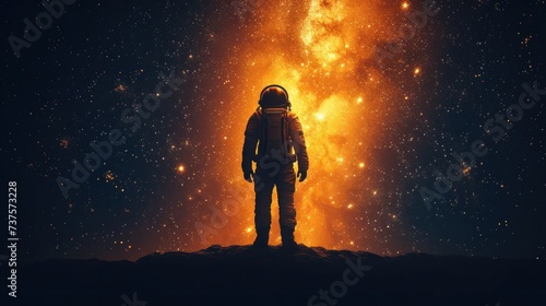 a man in a space suit standing in front of a star filled sky with a bright orange and yellow explosion behind him.