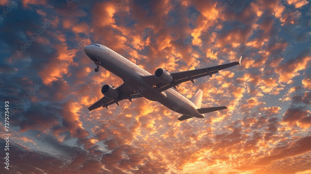 a large jetliner flying through a cloudy blue and orange sky with a plane in the foreground and the sun in the distance. a large jetliner flying through a cloudy blue and orange sky with a plane in the foreground and the sun in the distance.