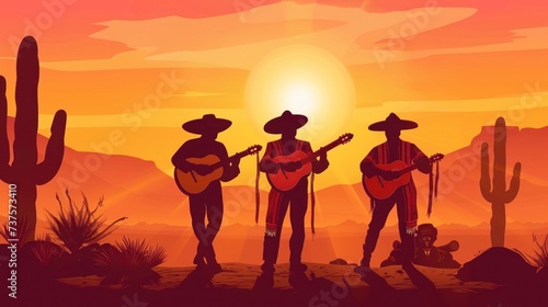 Mexican mariachi group playing guitar in the middle of a desert sunset
