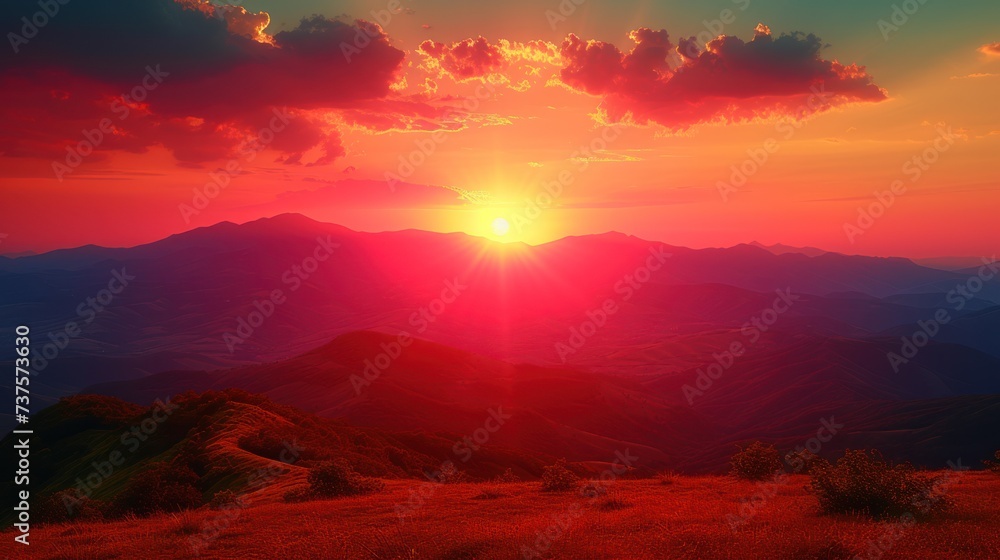 the sun setting over a mountain range with a red and blue sky in the background and clouds in the foreground.
